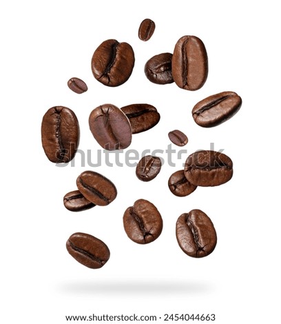 Roasted coffee beans falling on white background