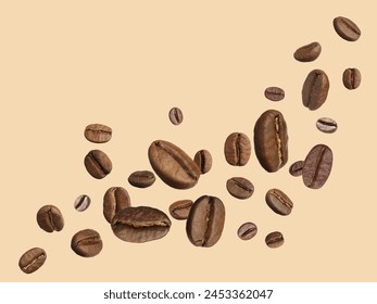 Roasted coffee beans flying on beige background - Powered by Shutterstock