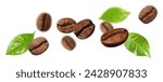 Roasted coffee beans and green leaves in air on white background