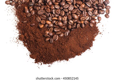 Roasted coffee beans and ground coffee isolated on white background