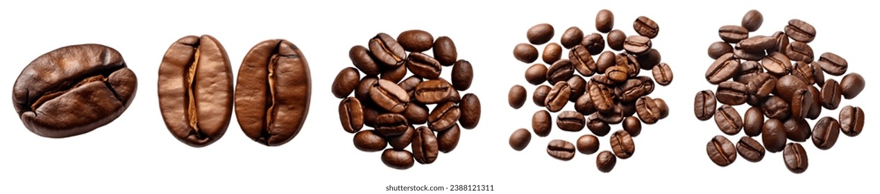 Roasted coffee beans, group stack heap flat lay top view on white background cutout file. Many assorted different design angles. Mockup template for artwork

 - Powered by Shutterstock