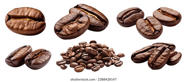 Roasted coffee beans, group stack heap front view on white background cutout file. Many assorted different design angles. Mockup template for artwork - Powered by Shutterstock