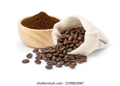 Roasted coffee beans in sack bag with coffe powder (ground coffee) in wooden bowl isolated on white background.  - Shutterstock ID 2198823087