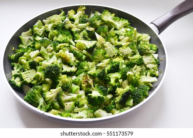 Roasted And Cut Fresh Healthy Broccoli Cabbage In A Pan On White Background