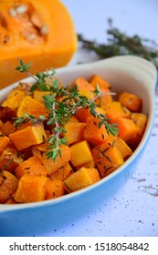 Roasted Diced Butternut Squash With Thyme. Selective Focus