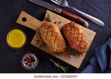 Roasted Duck Breast On Chopping Board - Image, Overhead, Top