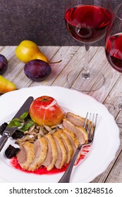 Roasted Duck Breasts with Mushroom, Apple and Plums Stuffing in Red Wine Sause