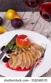 Roasted Duck Breasts with Mushroom, Apple and Plums Stuffing in Red Wine Sause