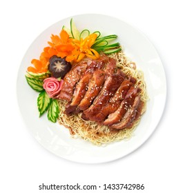 Roasted duck on Egg Noodles with sweet sauce fusion food Chinese style decorate with carved vegetables the best top ten popular of Chinese and Thailand top view