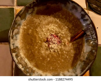 Roasted Eggplant / Aubergine Soup With Parmesan Cheese Powder And Cinnamon Stick