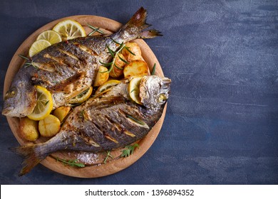 Roasted Fish And Potatoes, Served On Wooden Tray. Overhead, Horizontal, Copy Space - Image