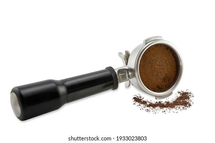 Roasted and ground coffee in porta filter holder on isolated background  - Powered by Shutterstock