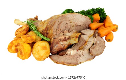 Roasted Half Lamb Leg Meat Joint With Roast Potatoes, Carrots And Broccoli Isolated On A White Background