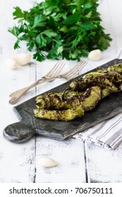 Roasted Hatch Chili Peppers On The Cutting Board. Fall Harvest. Summer Menu. Rustic Style. Vegetarian Menu. Green Chilies. Hatch Chile Festival.