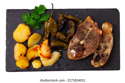 Roasted Lamb Leg With Potatoes And Stewed Pepper Fresh Oven Cooked. Isolated On White Background