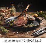 A roasted leg of lamb dish is presented on a rustic wooden table, adorned with an array of dried herbs and vegetables.