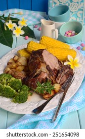 Roasted Leg Of Lamb With Herbs And Vegetables For Easter Dinner. Selective Focus