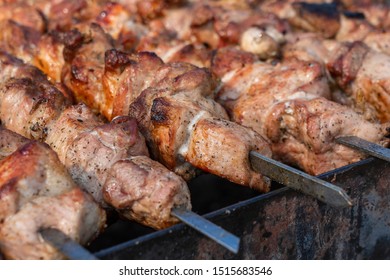 Roasted meat cooked at barbecue. Grilled kebab cooking on metal skewer. BBQ fresh beef meat chop slices. Traditional eastern dish, shish kebab. Grill on charcoal and flame, street food, Ukraine