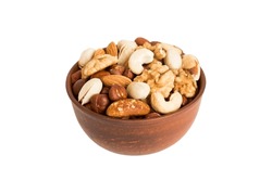 Roasted Mix Nut In Bowl Isolated On White Background. Mix Nut Is Snack Or Raw Of Cook. Healthy Food Concept.