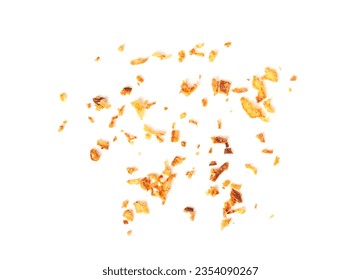 Roasted Onion Isolated, Scattered Dry Onion Pieces, Bulb Chips, Deep Fried Vegetable, Caramelized Shallot Sprinkles, Crispy Fried Onions on White Background