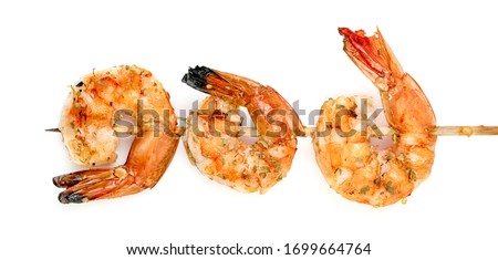 roasted peeled prawn with skewer isolated on white background ,grilled shrimp