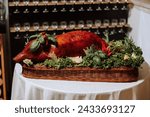 roasted pig carcass. Banquet hall Meat treats for guests. Homemade cutouts. Pork tenderloin. Delicious meat cuts. Meat plate. Delicious compositions from smoked mint. Cottage cheese.