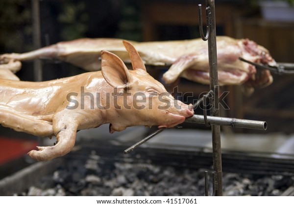 Roasted Pig Over Fire Pit Restaurant Stock Photo Edit Now 41517061