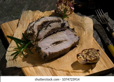 Roasted Pork Chop Stuffed With Mushrooms.