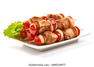 Roasted Pork Kebab. Grilled Meat Skewers And Vegetables BBQ, Isolated On White Background.