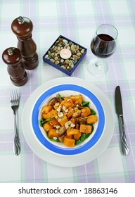 Roasted Pumpkin And Onion Salad With Wilted Spinach And Toasted Almonds.