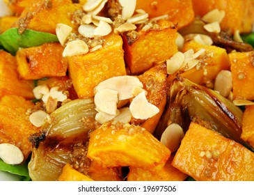 Roasted Pumpkin And Onion Salad With Wilted Spinach And Toasted Almonds.