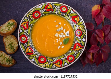 Roasted Pumpkin Soup With Blue Cheese And Garlic Butter Toasts. Butternut Squash Soup. Vegetarian Dish. Overhead, Horizontal