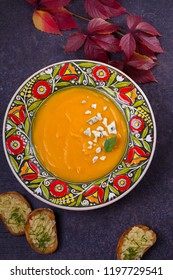 Roasted Pumpkin Soup With Blue Cheese And Garlic Butter Toasts. Butternut Squash Soup. Vegetarian Dish. Overhead, Vertical