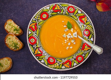 Roasted Pumpkin Soup With Blue Cheese And Garlic Butter Toasts. Butternut Squash Soup. Vegetarian Dish. Overhead, Horizontal