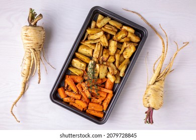 Roasted Root Vegetable Flat Lay. Baked Parsnip With Carrot And Raw Parsnip Vegetable Ingredient.