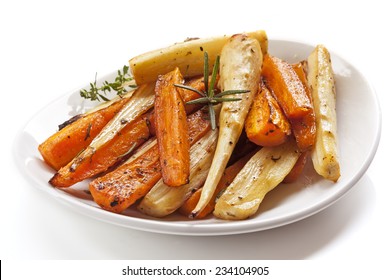 Roasted Root Vegetables In White Dish, Isolated.