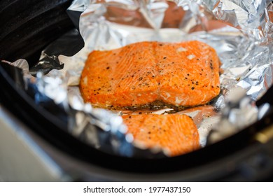 Roasted Salmon Fillet With Salt And Pepper In An Air Fryer 