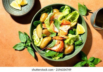 Roasted Salmon And Young Potatoes Salad With Leafy Greens And Lettuce, Top Down View Of The Dish In A Harsh Light