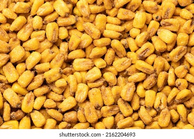 Roasted Salted Corn Snack. Pattern Of Yellow Corn Seed. Top View.