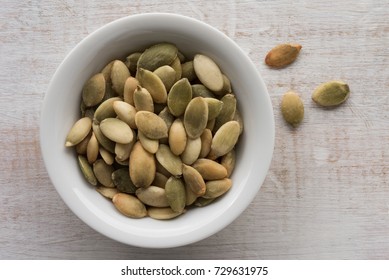 Roasted And Salted Pepita Seeds In A Bowl