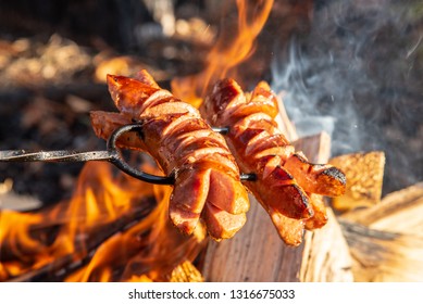 Roasted Sausages On A Stick Over The Open Campfire. Outdoor Food Preparation.