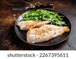 Roasted Snapper, sea red perch fillet on a plate with salad. Dark background. Top view.