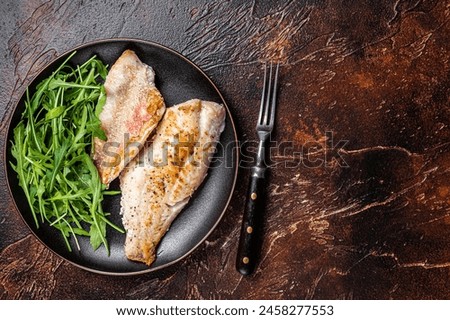 Roasted Snapper, sea red perch fillet on a plate with salad. Dark background. Top view. Copy space.