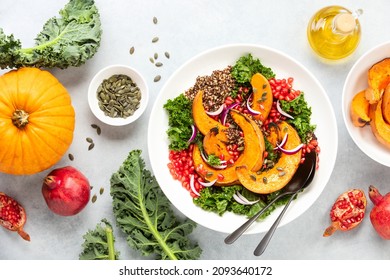 Roasted Squash And Kale Quinoa Salad With Ingredients, High Angle View