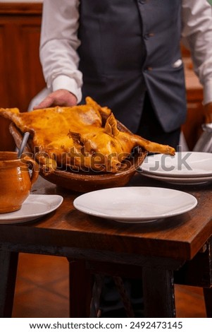 Roasted suckling pig, typical recipe from Segovia in Castilla y Leon. Spain.