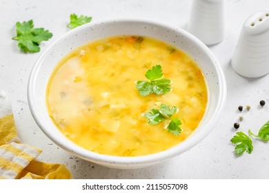 Roasted Summer Squash Yellow Vegetable Soup. Top View, Copy Space.