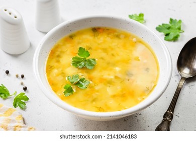 Roasted Summer Squash Yellow Vegetable Soup. Top View, Copy Space.