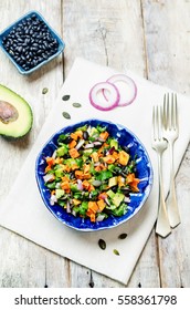 Roasted Sweet Potato Black Bean Pepita Avocado Salad. Toning. Selective Focus