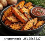 Roasted Sweet Potato Wedges with Crispy roasted sweet potato wedges sprinkled with paprika and served with a dipping sauce.