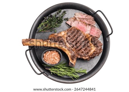 Roasted Tomahawk beef steak, roast dry aged rib eye with bone isolated on white background. top view.